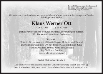 Traueranzeige von Klaus Werner Ott von Wetterauer Zeitung, Wetterauer Zeitung