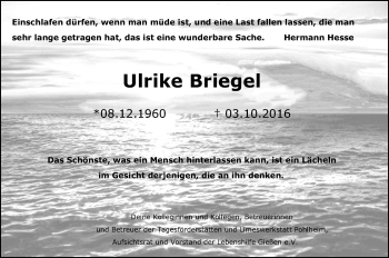 Traueranzeige von Ulrike Briegel von Gießener Allgemeine, Alsfelder Allgemeine