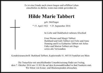 Traueranzeige von Hilde Marie Tabbert von Wetterauer Zeitung, Wetterauer Zeitung