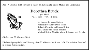 Traueranzeige von Dorothea Brück von Gießener Allgemeine, Alsfelder Allgemeine