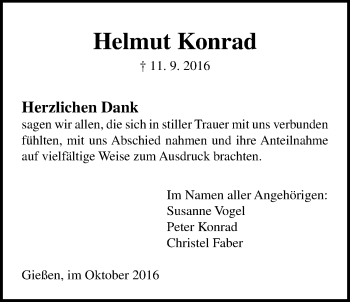 Traueranzeige von Helmut Konrad von Gießener Allgemeine, Alsfelder Allgemeine