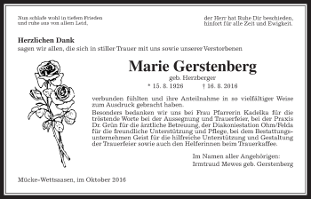 Traueranzeige von Marie Gerstenberg von Alsfelder Allgemeine