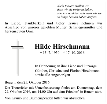 Traueranzeige von Hilde Hirschmann von Gießener Allgemeine, Alsfelder Allgemeine