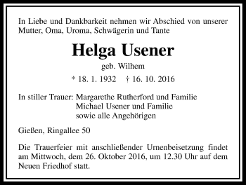 Traueranzeige von Helga Usener von Gießener Allgemeine, Alsfelder Allgemeine