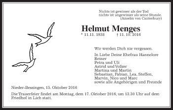 Traueranzeige von Helmut Menges von Gießener Allgemeine, Alsfelder Allgemeine