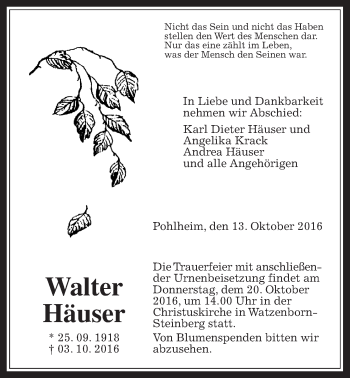 Traueranzeige von Walter Häuser von Pohlheimer Nachrichten