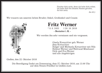 Traueranzeige von Fritz Werner von Gießener Allgemeine, Alsfelder Allgemeine