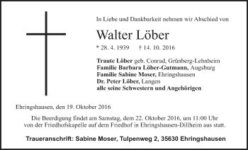 Traueranzeige von Walter Löber von Gießener Allgemeine, Alsfelder Allgemeine