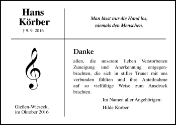 Traueranzeige von Hans Körber von Gießener Allgemeine, Alsfelder Allgemeine