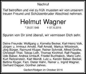 Traueranzeige von Helmut Wagner von Gießener Allgemeine, Alsfelder Allgemeine