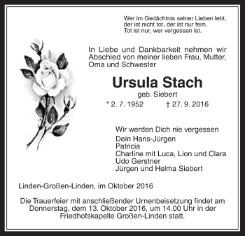 Traueranzeige von Ursula Stach von Gießener Allgemeine, Alsfelder Allgemeine