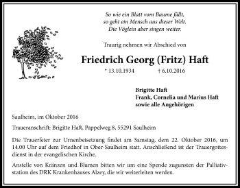 Traueranzeige von Friedrich Georg (Fritz) Haft von Licher Wochenblatt, Licher Wochenblatt, Licher Wochenblatt