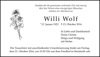 Traueranzeige von Willi Wolf von Wetterauer Zeitung, Wetterauer Zeitung