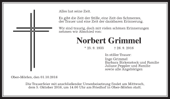 Traueranzeige von Norbert Grimmel von Wetterauer Zeitung, Wetterauer Zeitung