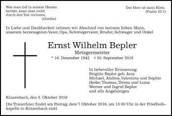 Traueranzeige von Ernst Wilhelm Bepler von Gießener Allgemeine, Alsfelder Allgemeine