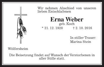 Traueranzeige von Erna Weber von Wetterauer Zeitung, Wetterauer Zeitung