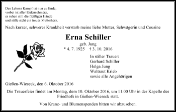 Traueranzeige von Erna Schiller von Gießener Allgemeine, Alsfelder Allgemeine