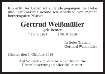 Traueranzeige von Gerda Weißmüller von Gießener Allgemeine, Alsfelder Allgemeine