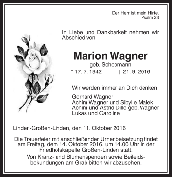 Traueranzeige von Marion Wagner von Gießener Allgemeine, Alsfelder Allgemeine