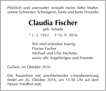 Traueranzeige von Claudia Fischer von Gießener Allgemeine, Alsfelder Allgemeine