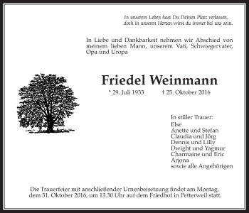 Traueranzeige von Friedel Weinmann von Wetterauer Zeitung, Wetterauer Zeitung