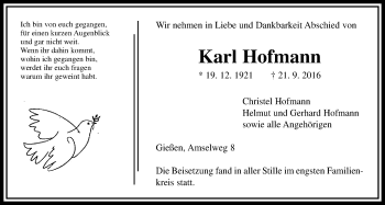 Traueranzeige von Karl Hofmann von Gießener Allgemeine, Alsfelder Allgemeine