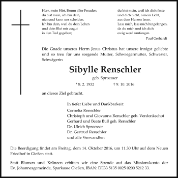 Traueranzeige von Sibylle Renschler von Gießener Allgemeine, Alsfelder Allgemeine