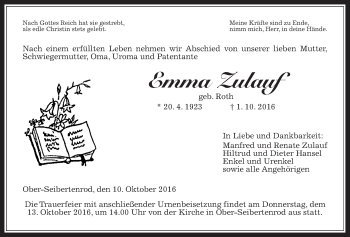 Traueranzeige von Emma Zulauf von Alsfelder Allgemeine