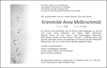 Traueranzeige von Kriemhilde Anna Meßerschmdit von Wetterauer Zeitung, Wetterauer Zeitung
