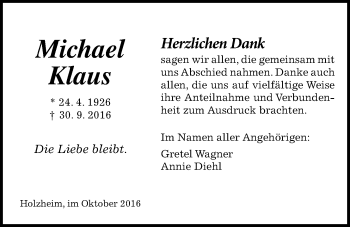 Traueranzeige von Michael Klaus von Pohlheimer Nachrichten