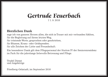Traueranzeige von Gertrude Feuerbach von Wetterauer Zeitung, Wetterauer Zeitung