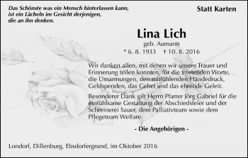 Traueranzeige von Lina Lich von Gießener Allgemeine, Alsfelder Allgemeine