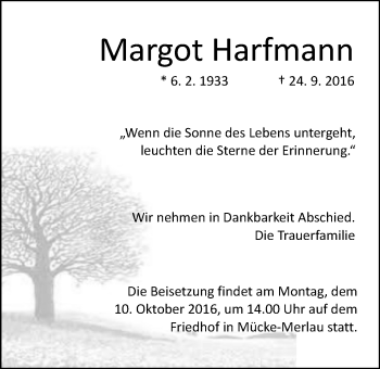 Traueranzeige von Margot Harfmann von Alsfelder Allgemeine