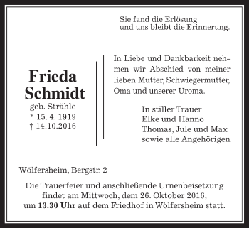 Traueranzeige von Frieda Schmidt von Wetterauer Zeitung, Wetterauer Zeitung