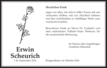 Traueranzeige von Erwin Scheurich von Wetterauer Zeitung, Wetterauer Zeitung