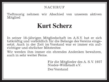 Traueranzeige von Kurt Scherz von Wetterauer Zeitung, Wetterauer Zeitung