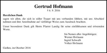 Traueranzeige von Gertrud Hofmann von Gießener Allgemeine, Alsfelder Allgemeine