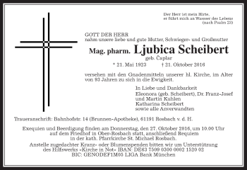 Traueranzeige von Ljubica Scheibert von Wetterauer Zeitung, Wetterauer Zeitung