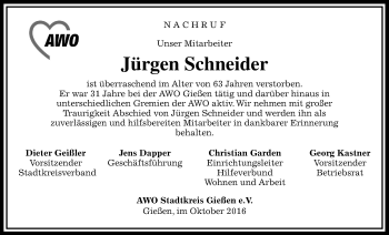 Traueranzeige von Jürgen Schneider von Gießener Allgemeine, Alsfelder Allgemeine