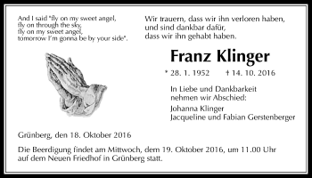 Traueranzeige von Franz Klinger von Gießener Allgemeine, Alsfelder Allgemeine