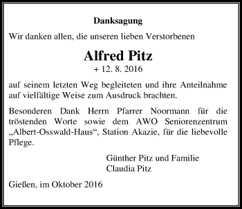 Traueranzeige von Alfred Pitz von Gießener Allgemeine, Alsfelder Allgemeine