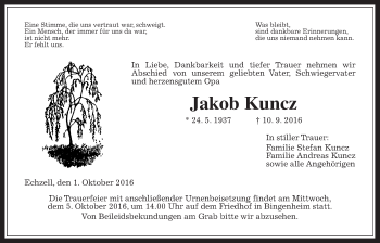Traueranzeige von Jakob Kuncz von Wetterauer Zeitung, Wetterauer Zeitung