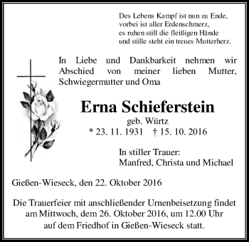 Traueranzeige von Erna Schieferstein von Gießener Allgemeine, Alsfelder Allgemeine