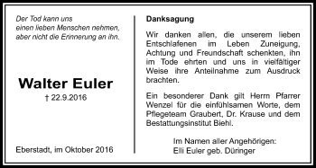 Traueranzeige von Walter Euler von Licher Wochenblatt, Licher Wochenblatt, Licher Wochenblatt