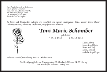 Traueranzeige von Toni Marie Schomber von Gießener Allgemeine, Alsfelder Allgemeine