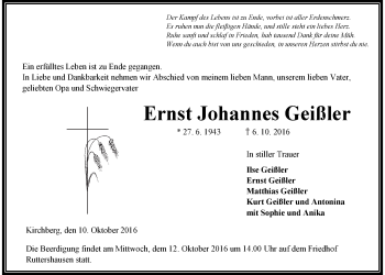 Traueranzeige von Ernst Johannes Geißler von Gießener Allgemeine, Alsfelder Allgemeine