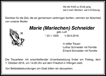 Traueranzeige von Marie Schneider von Licher Wochenblatt, Licher Wochenblatt, Licher Wochenblatt