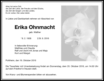 Traueranzeige von Erika Ohnmacht von Gießener Allgemeine, Alsfelder Allgemeine