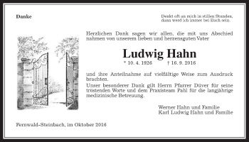 Traueranzeige von Ludwig Hahn von Gießener Allgemeine, Alsfelder Allgemeine