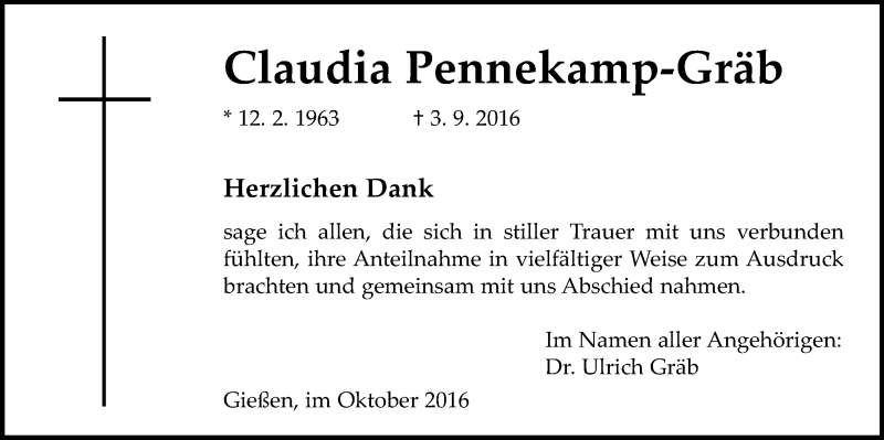 Traueranzeige für Claudia Pennekamp-Gräb vom 01.10.2016 aus Gießener Allgemeine, Alsfelder Allgemeine
